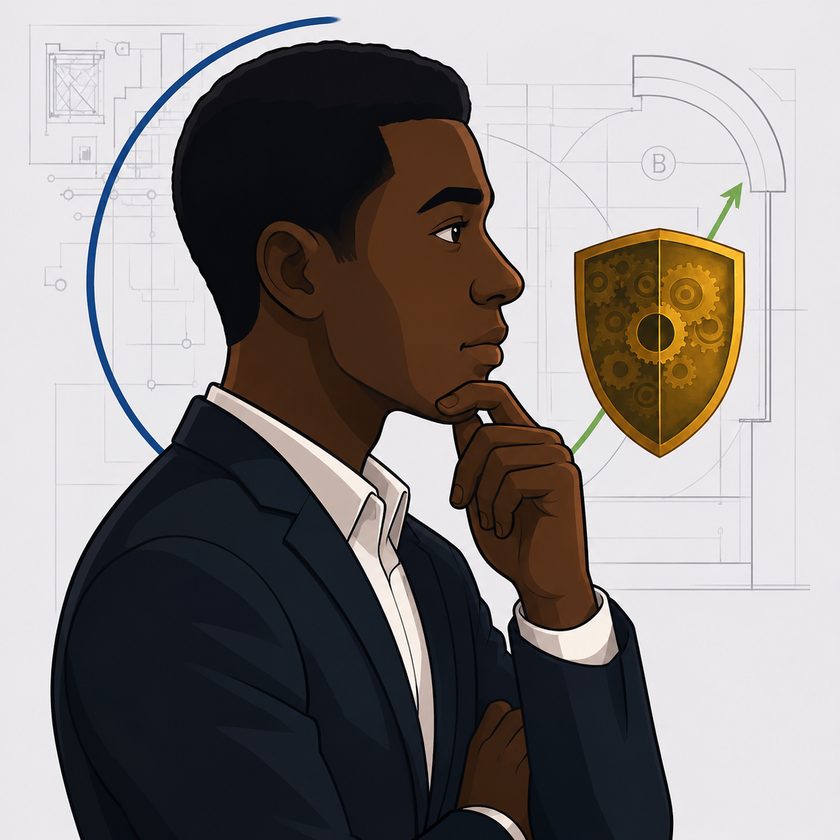QuietMillion — a figure studying a gear-and-shield emblem against a blueprint background, reverse-engineering the system